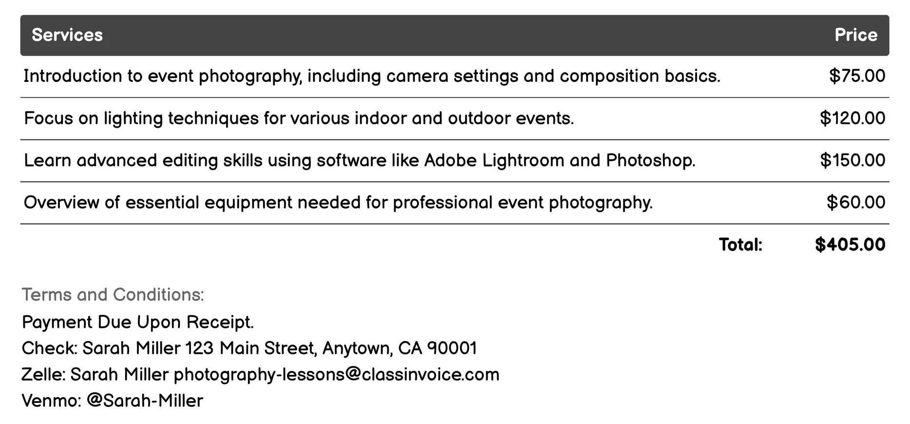 Event Photography Invoice Example