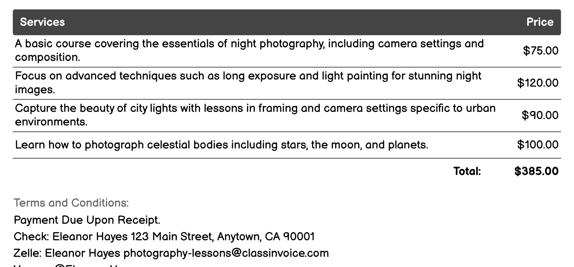 Night Photography Invoice Example