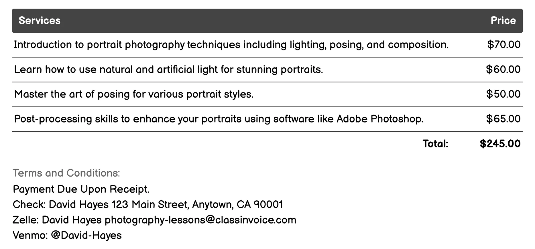 Portrait Photography Invoice Example
