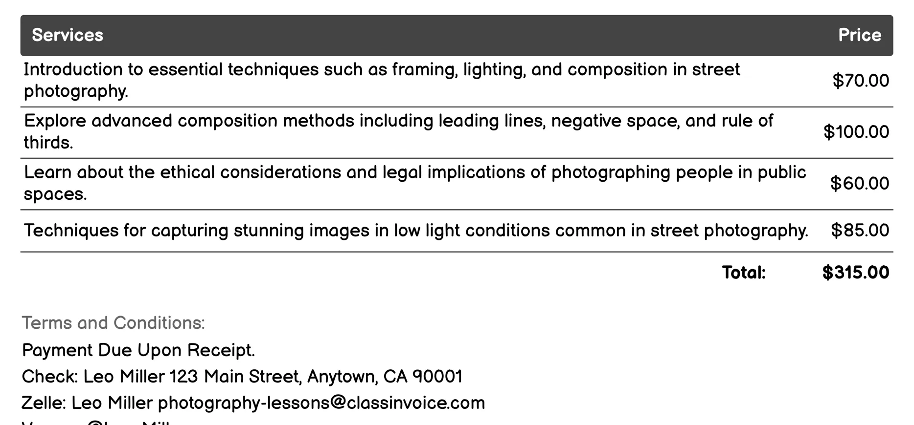 Street Photography Invoice Example