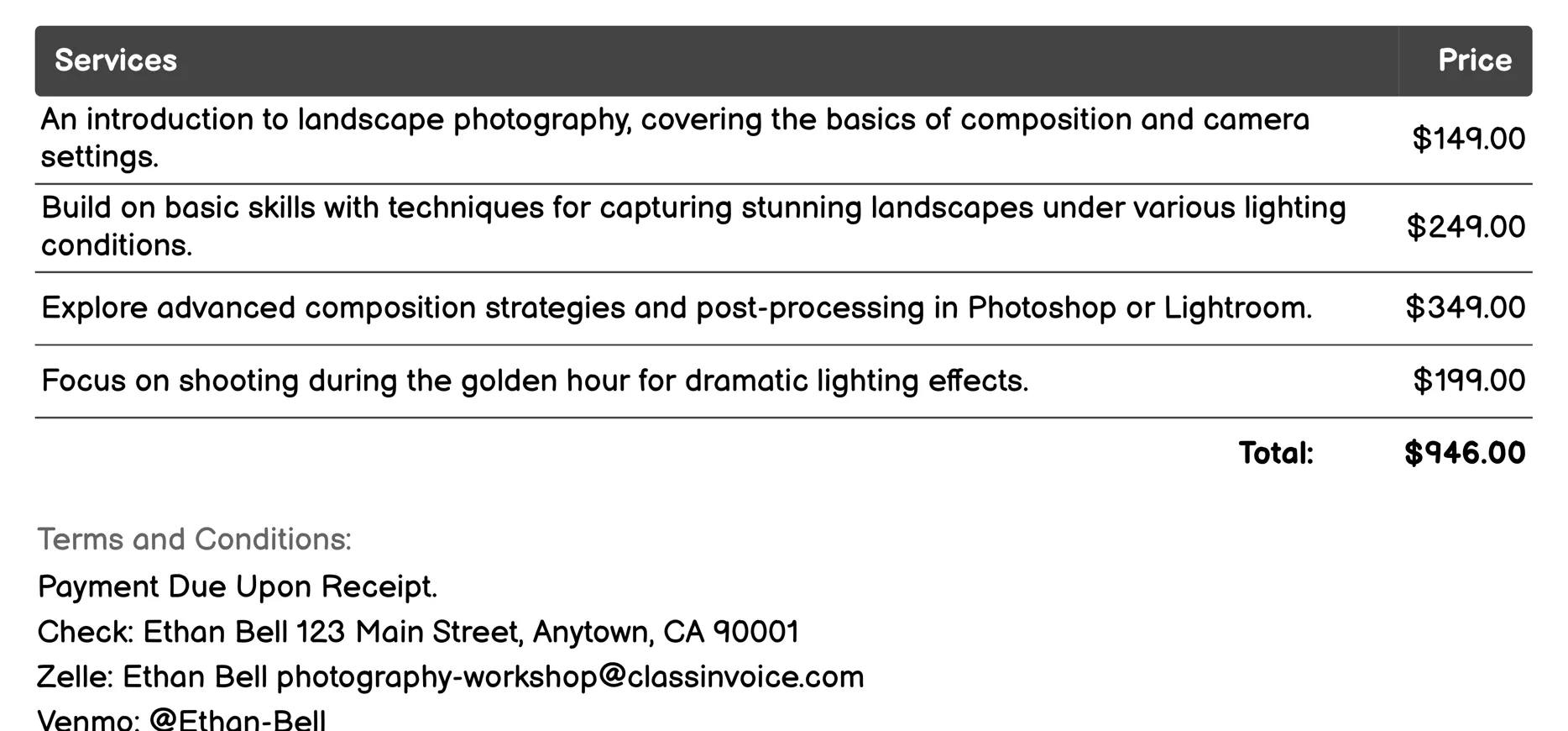 Landscape Photography Workshop Invoice Example