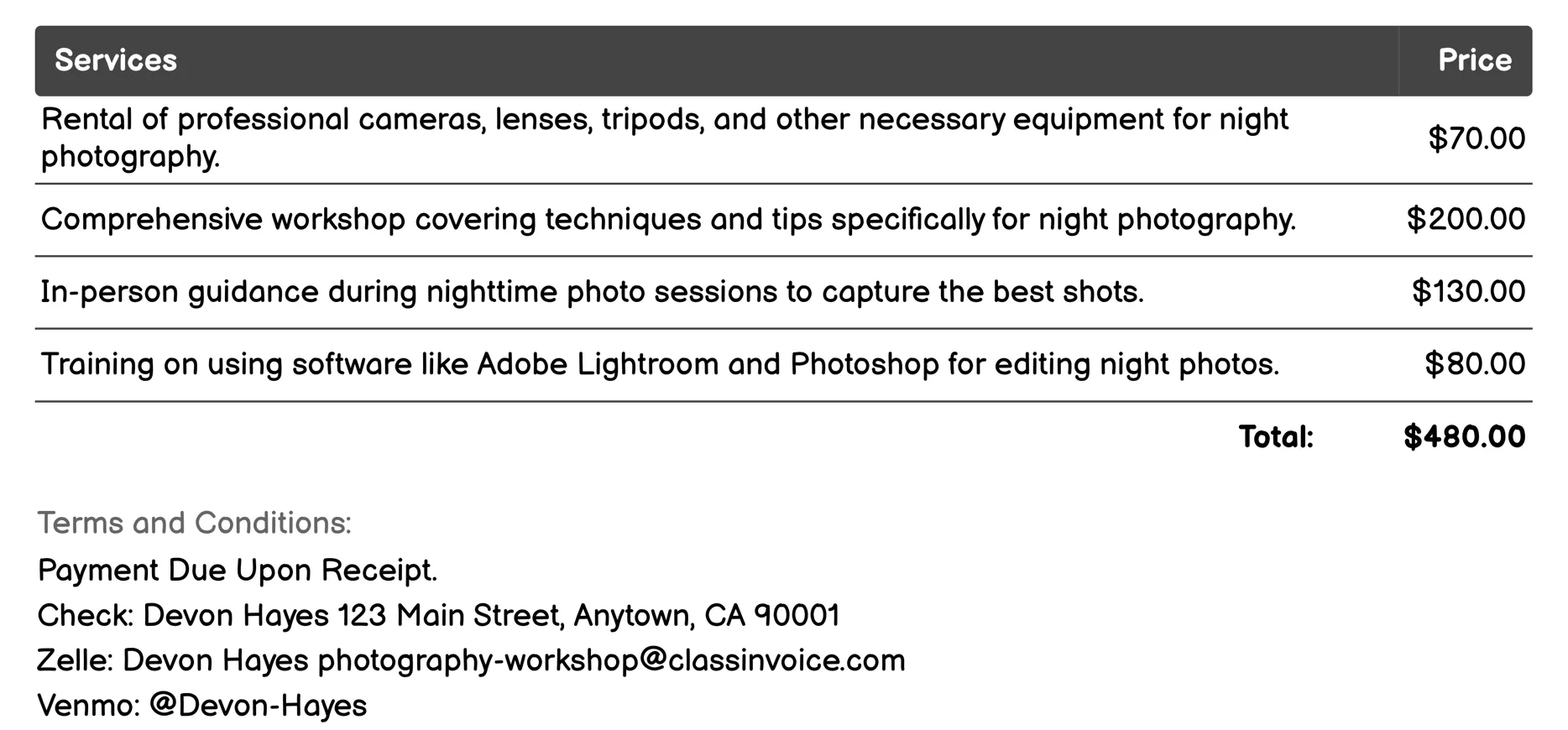 Night Photography Workshop Invoice Example