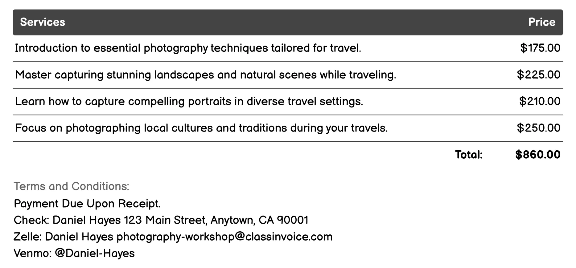 Travel Photography Workshop Invoice Example