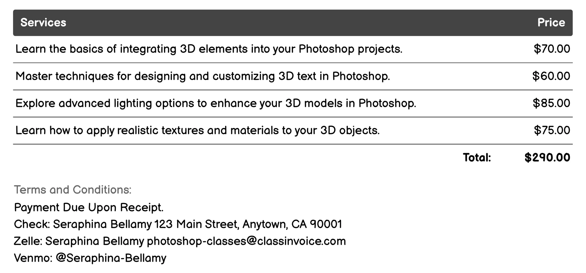 3D Modeling and Effects Invoice Example