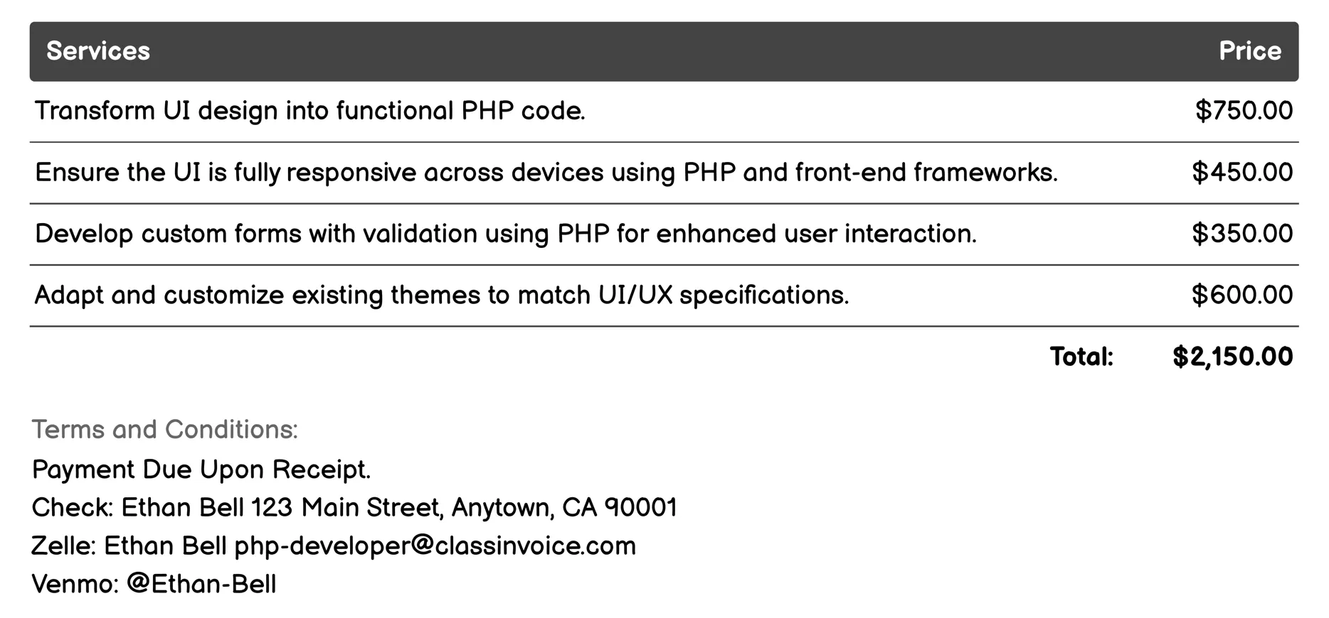 User Interface (UI) Development Invoice Example