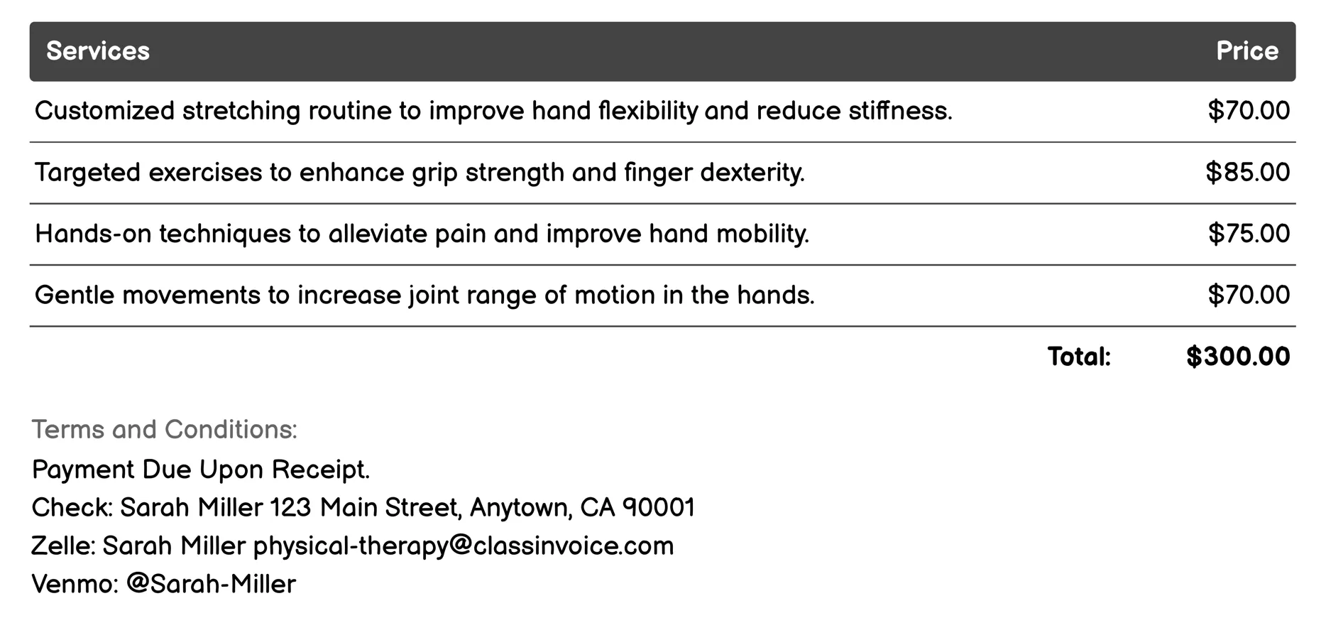 Hand Rehabilitation Physical Therapy Invoice Example