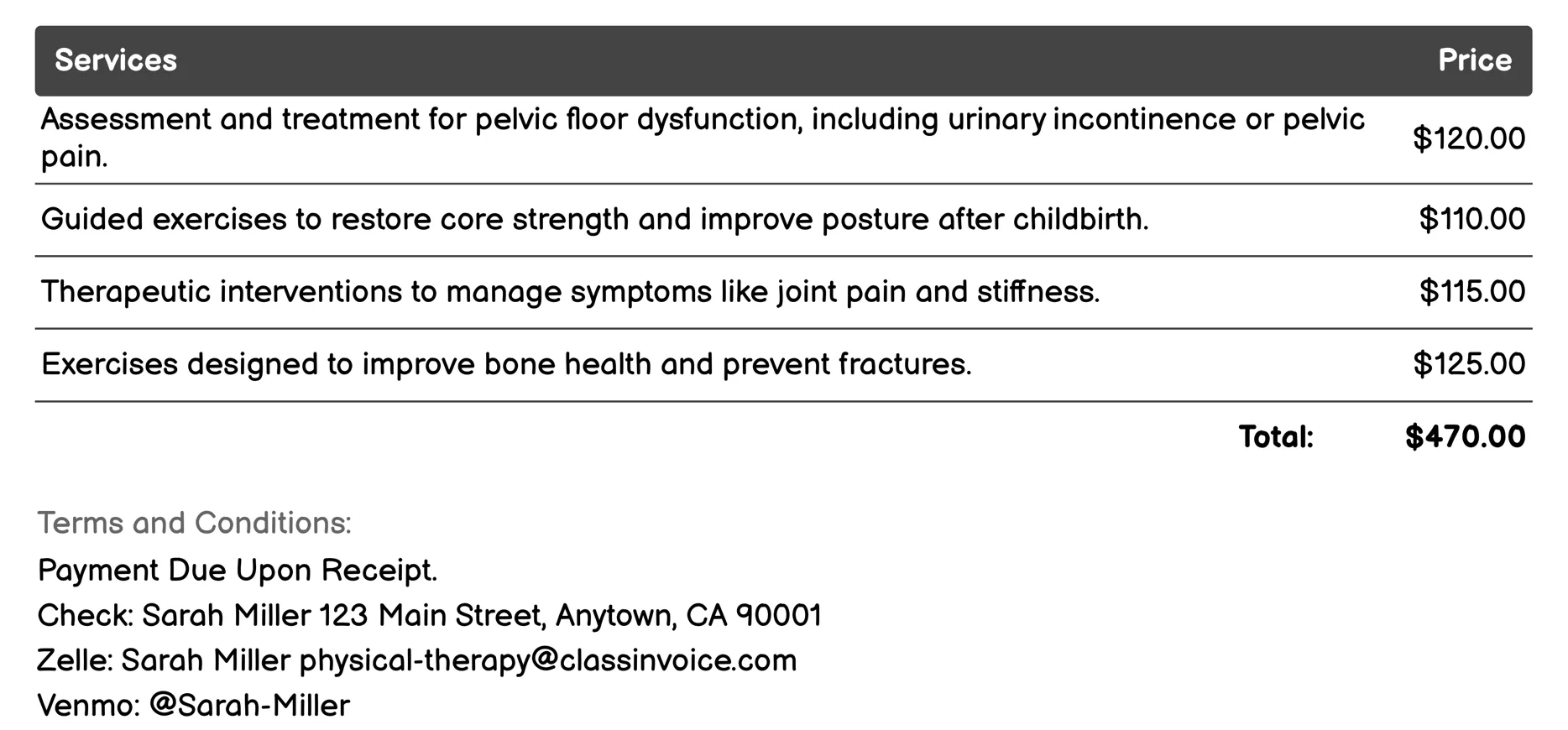 Women's Health Physical Therapy Invoice Example