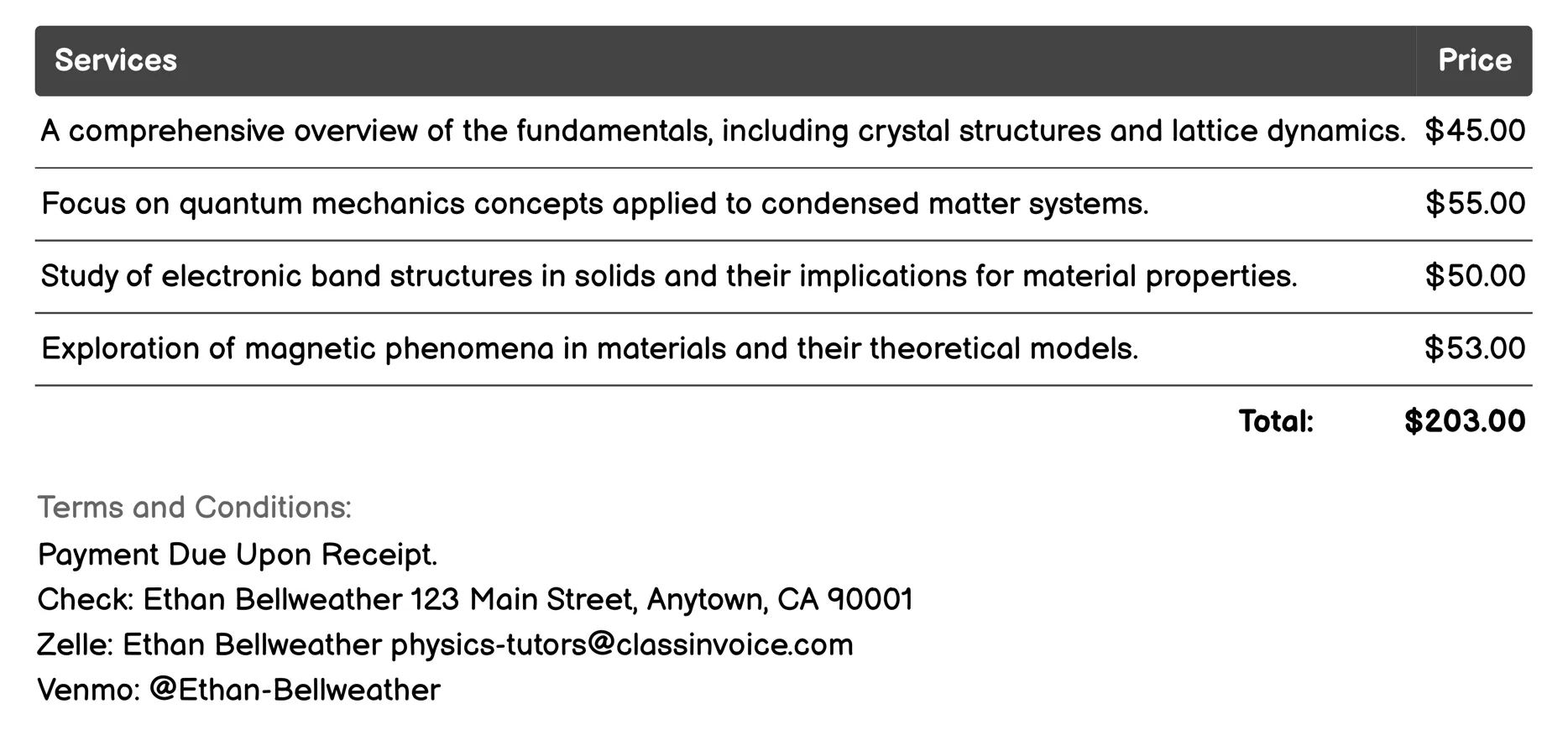 Condensed Matter Physics Tutoring Invoice Example