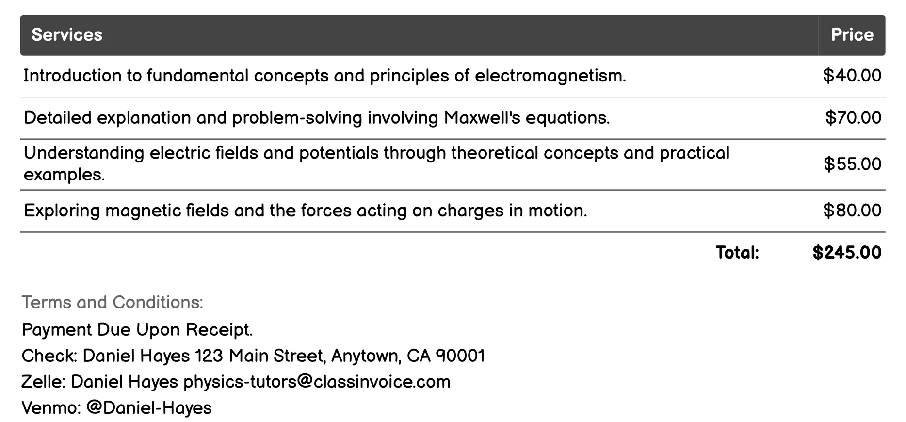 Electromagnetism Tutoring Invoice Example