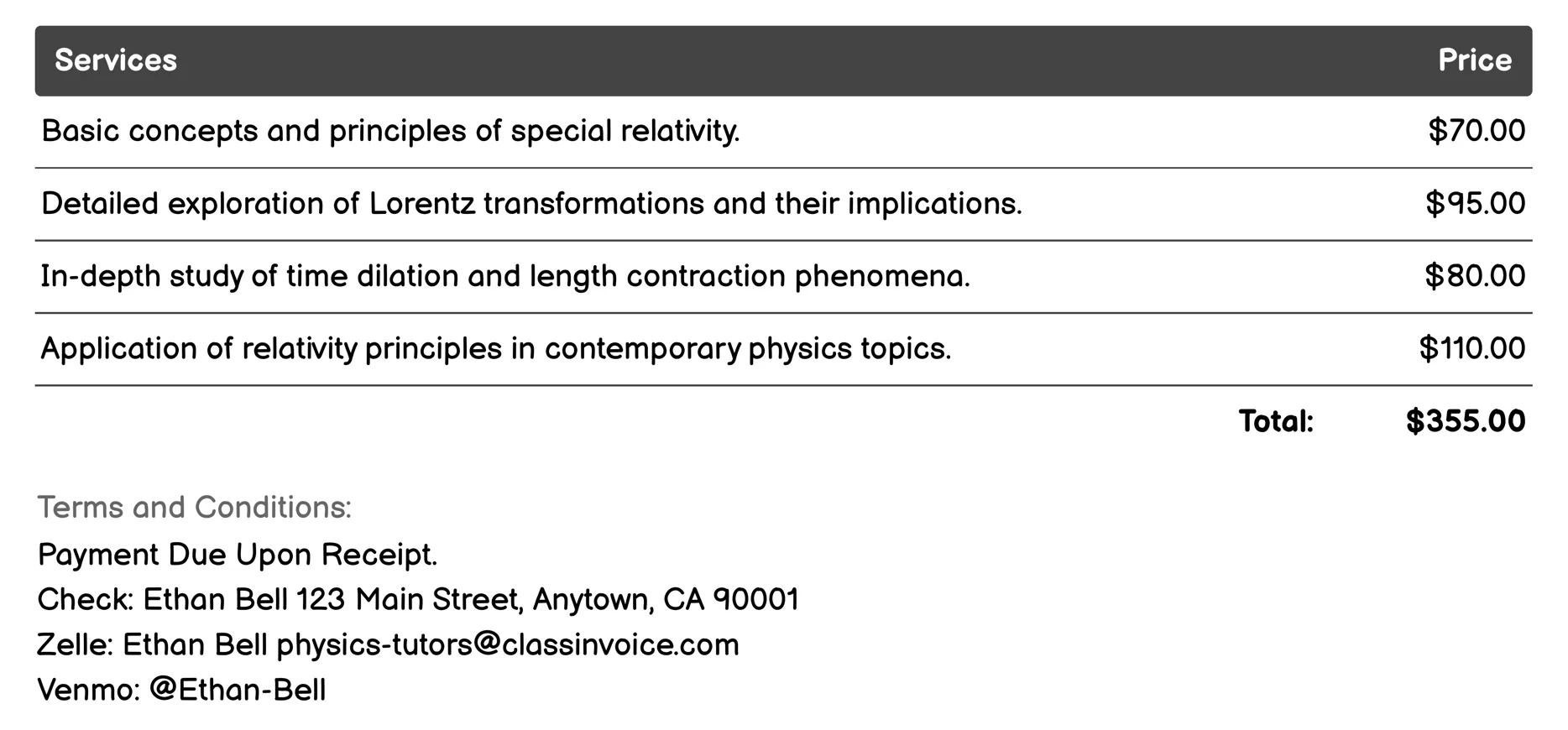 Relativity Tutoring Invoice Example