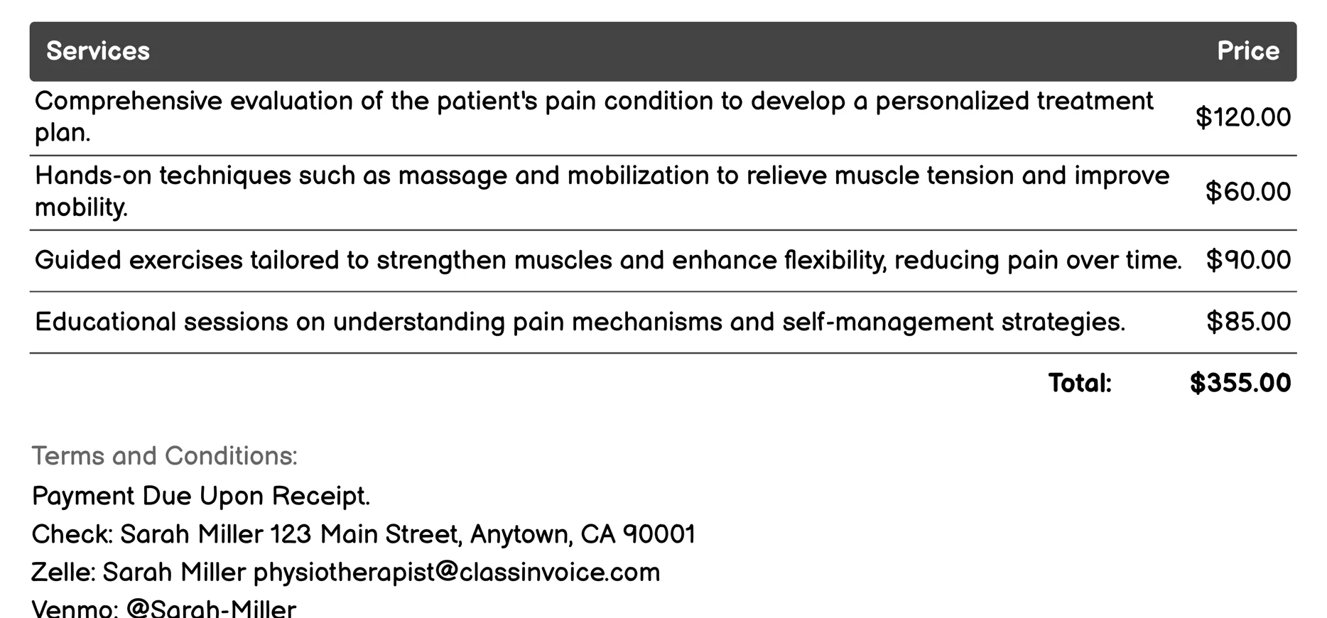 Pain Management Physiotherapy Invoice Example