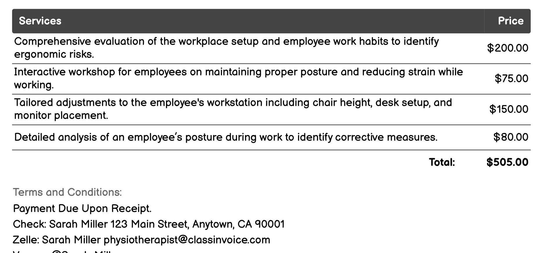 Workplace Ergonomics Assessment Invoice Example