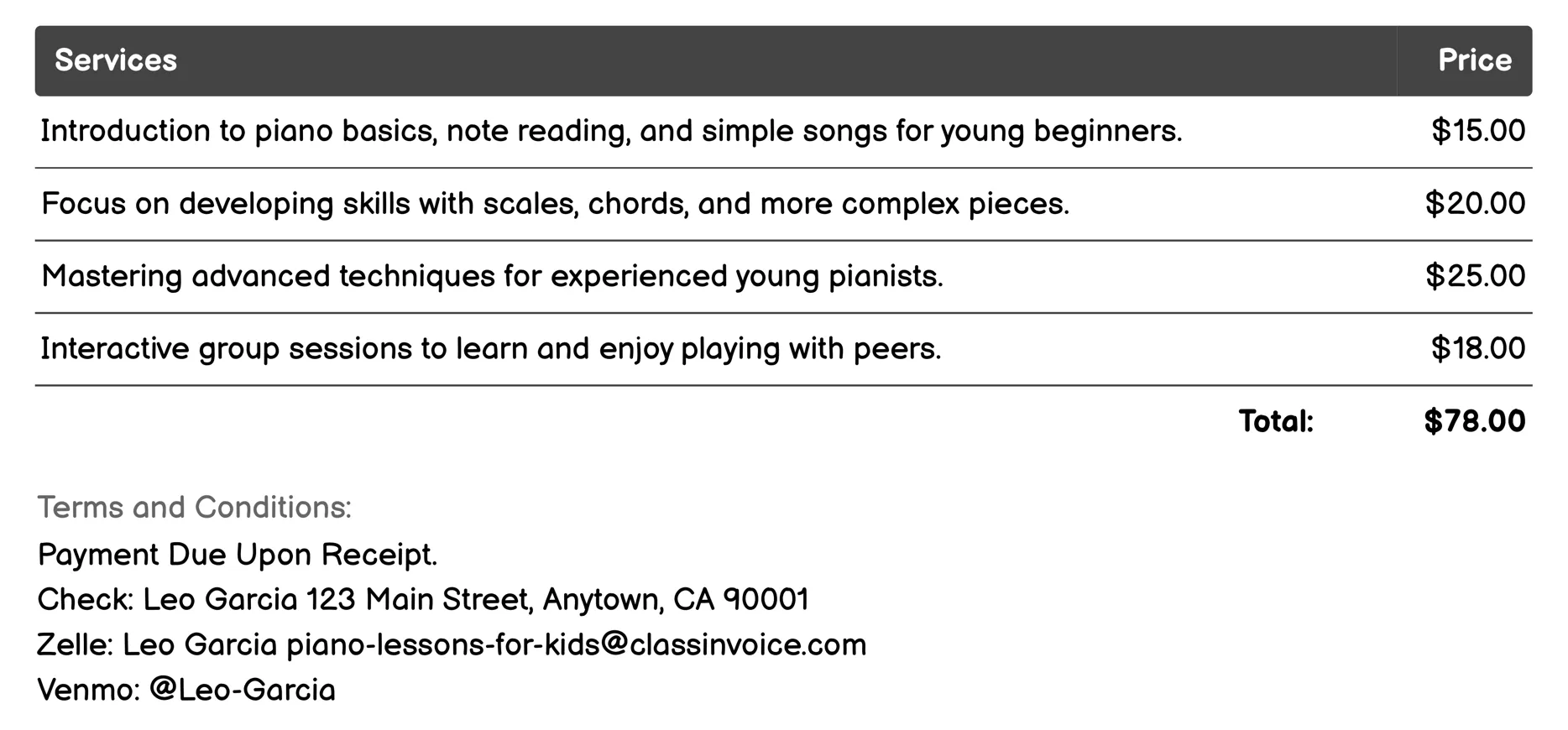 Online Piano Lessons Invoice Example