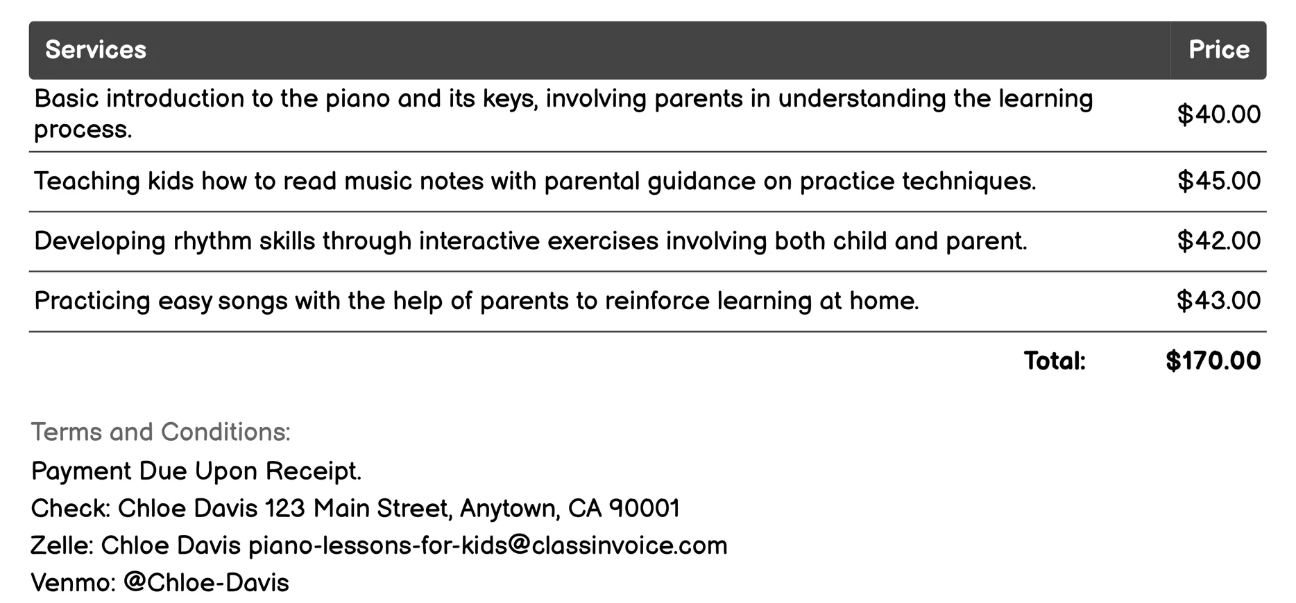 Parent-Inclusive Lessons Invoice Example