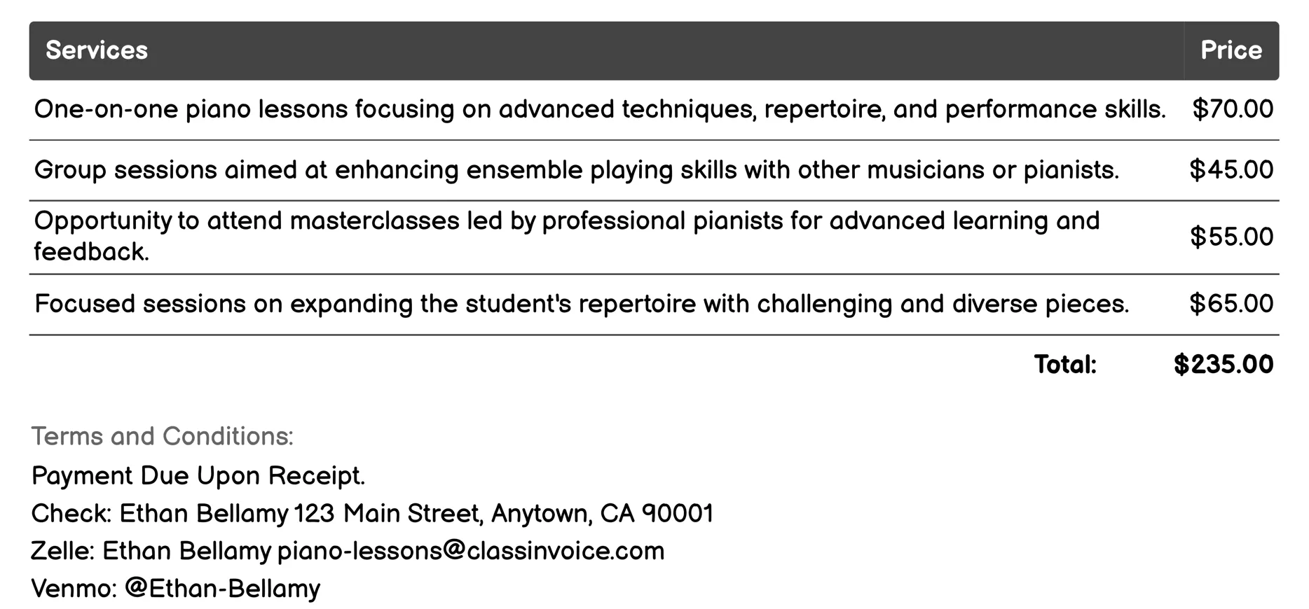 Advanced Piano Lessons Invoice Example