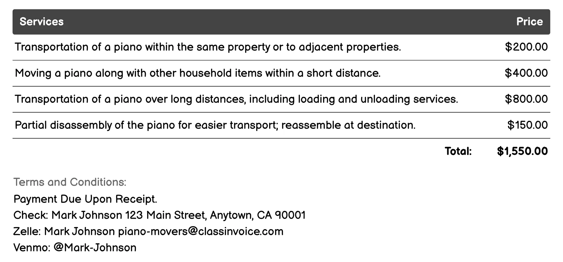 House Moving Invoice Example