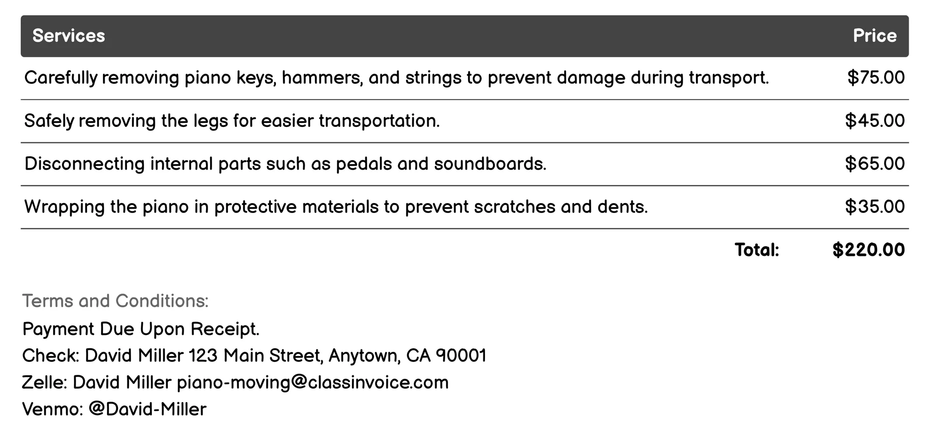 Disassembly/Reassembly Service Invoice Example