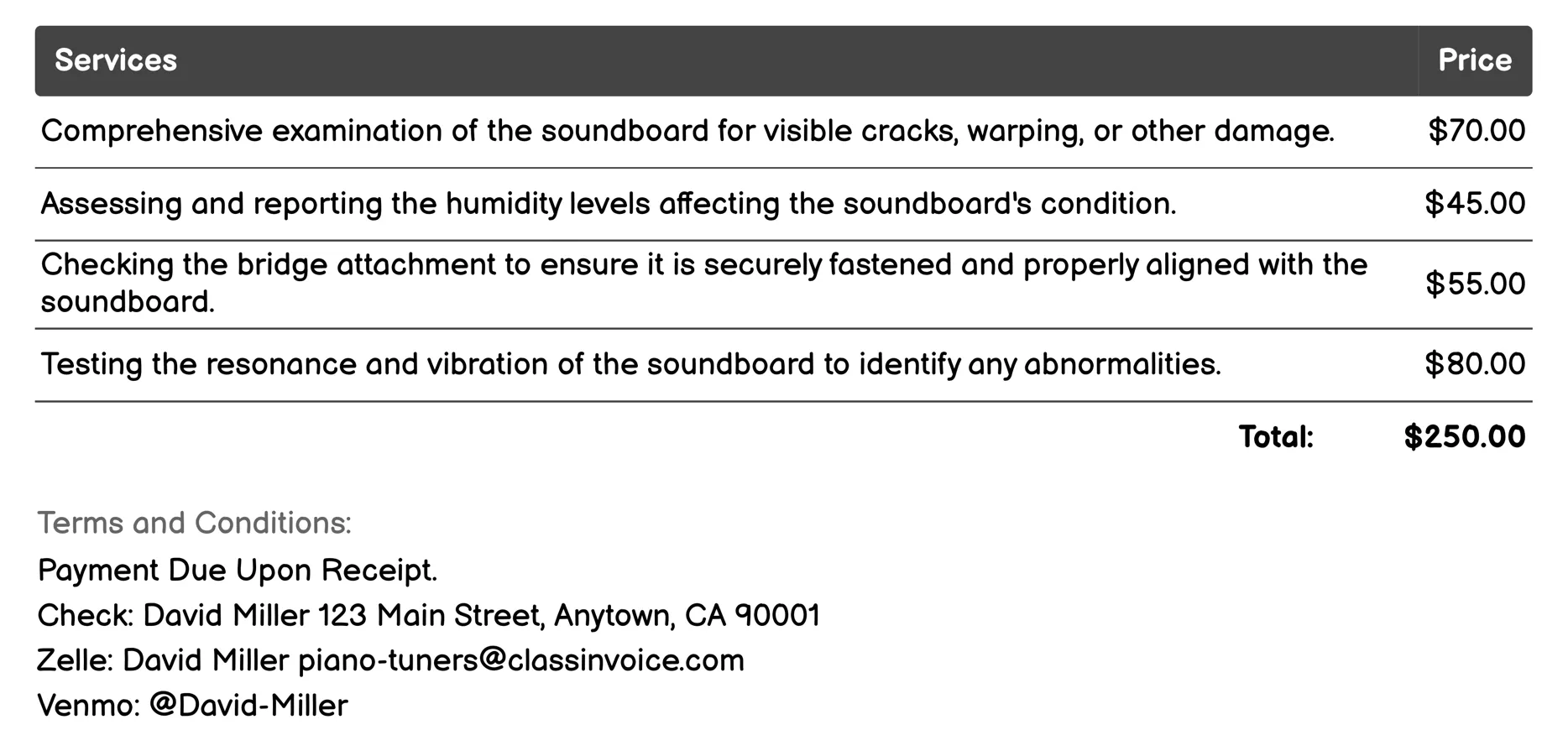 Soundboard Inspection Invoice Example