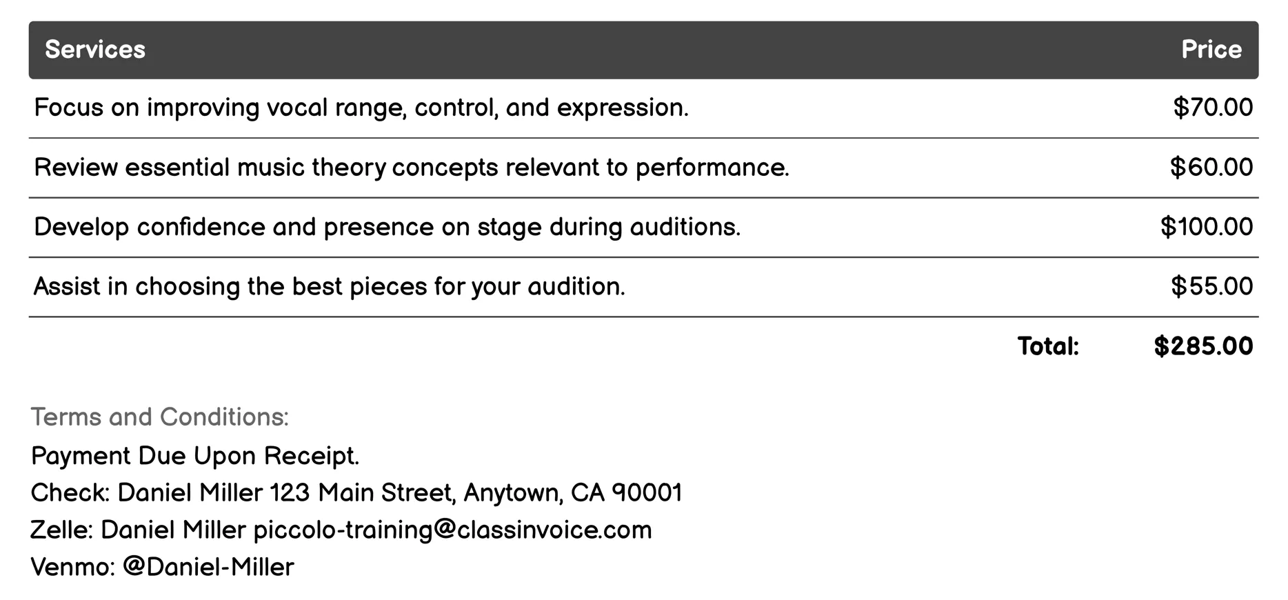 Audition Preparation Invoice Example