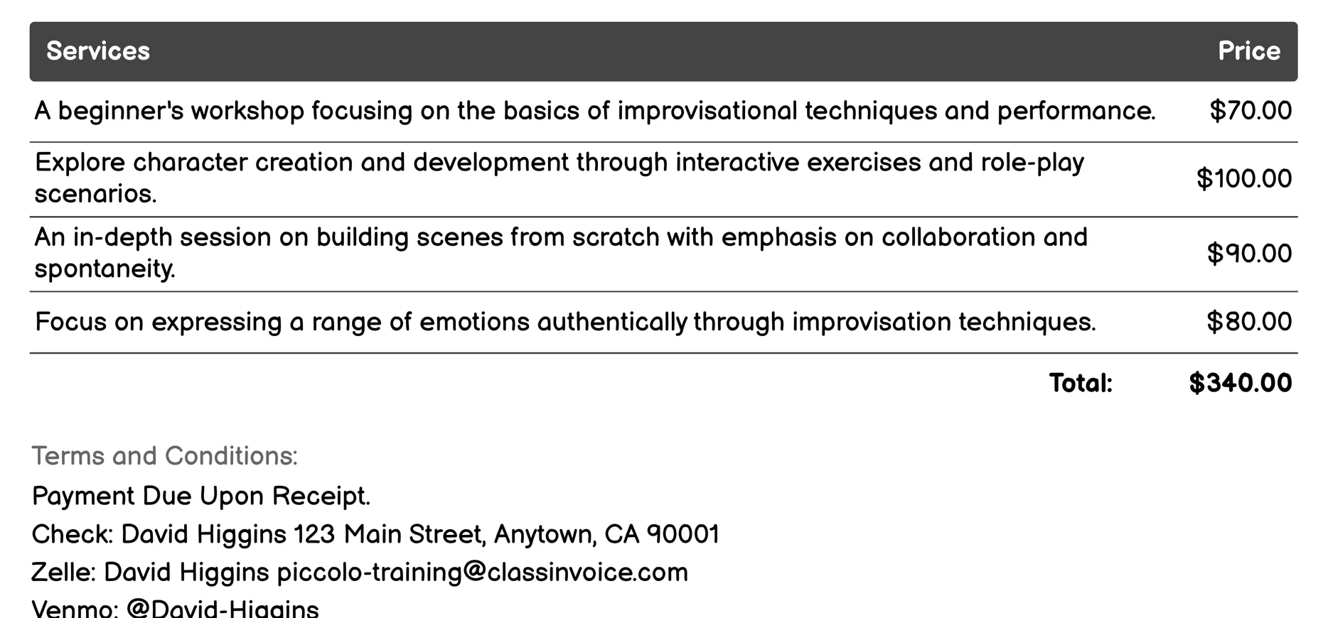 Improvisation Workshops Invoice Example