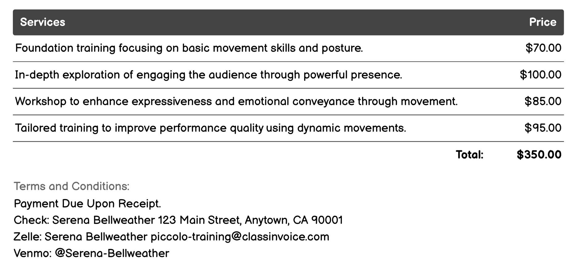 Movement and Stage Presence Training Invoice Example