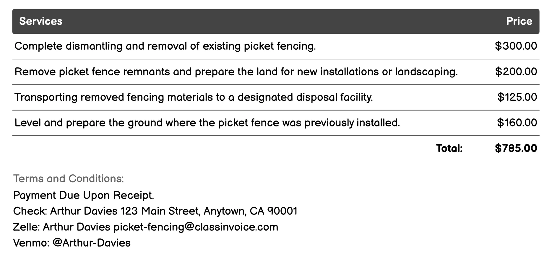 Removal Services Invoice Example