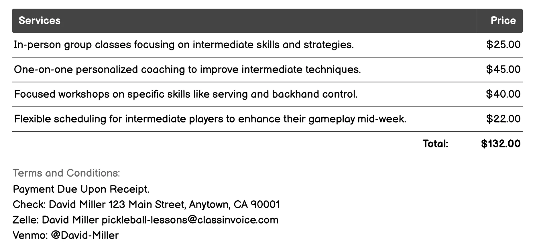 Intermediate Lessons Invoice Example
