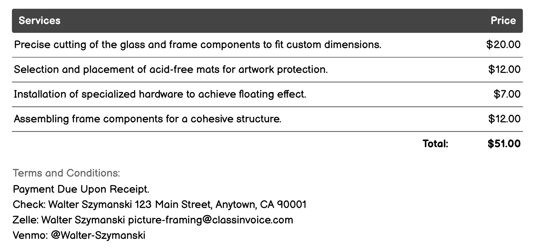 Floating Frame Design Invoice Example