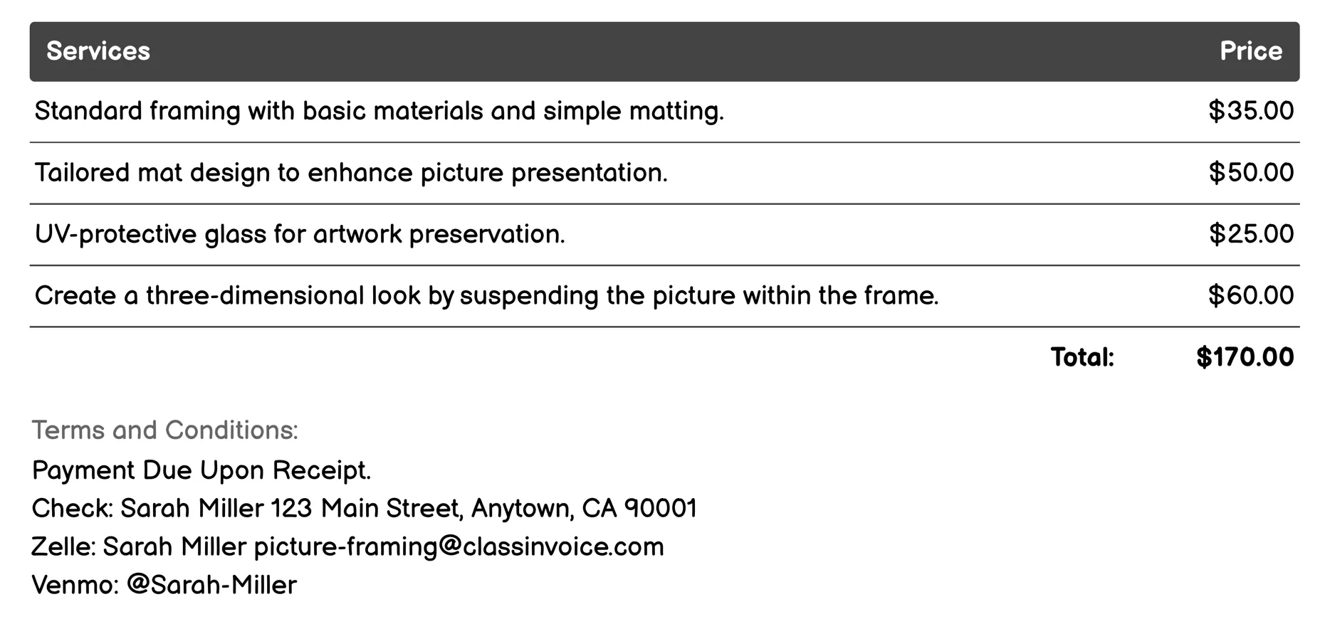 Standard Picture Framing Invoice Example