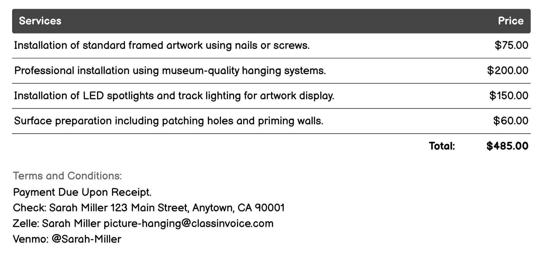 Art Gallery Hanging Invoice Example