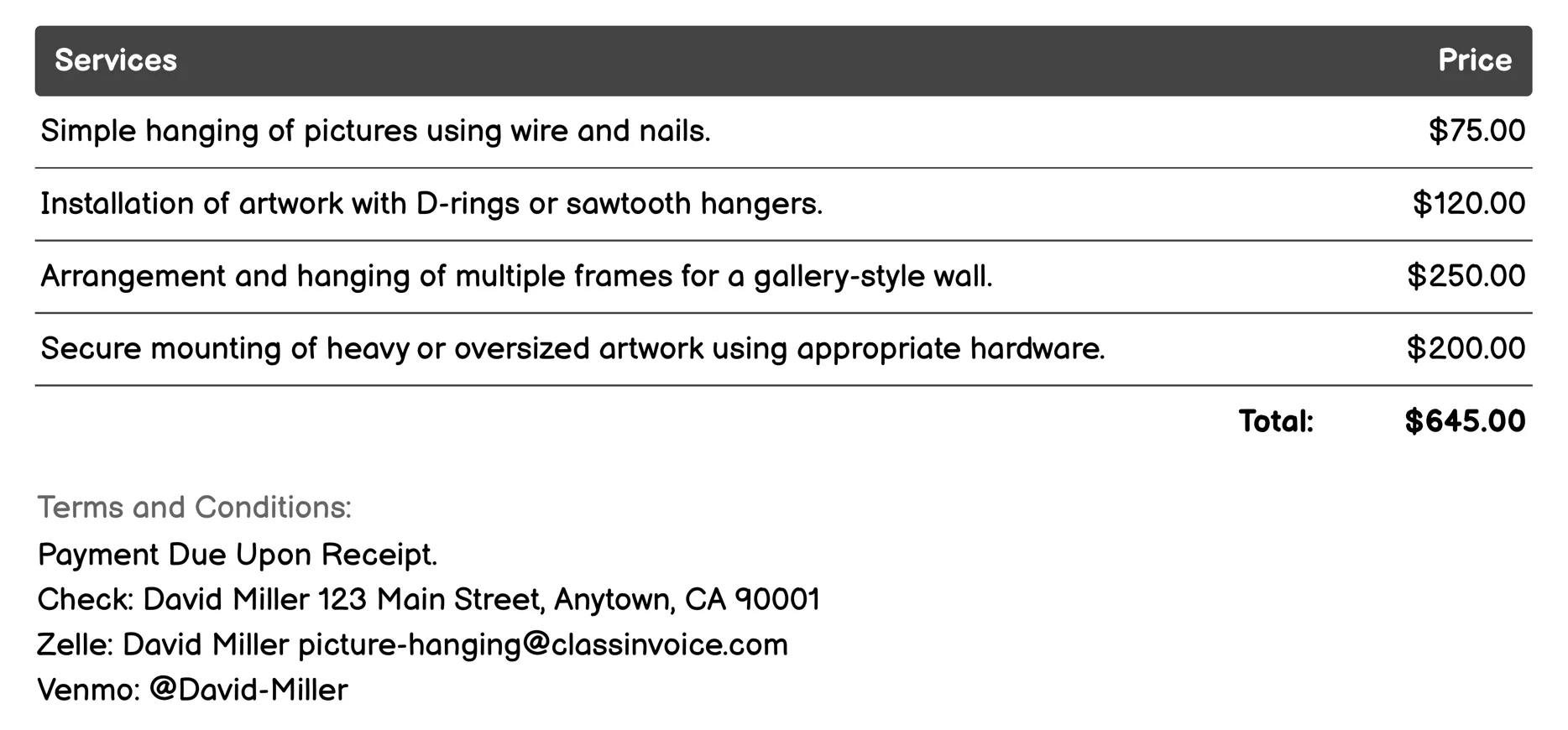 Commercial Picture Hanging Invoice Example