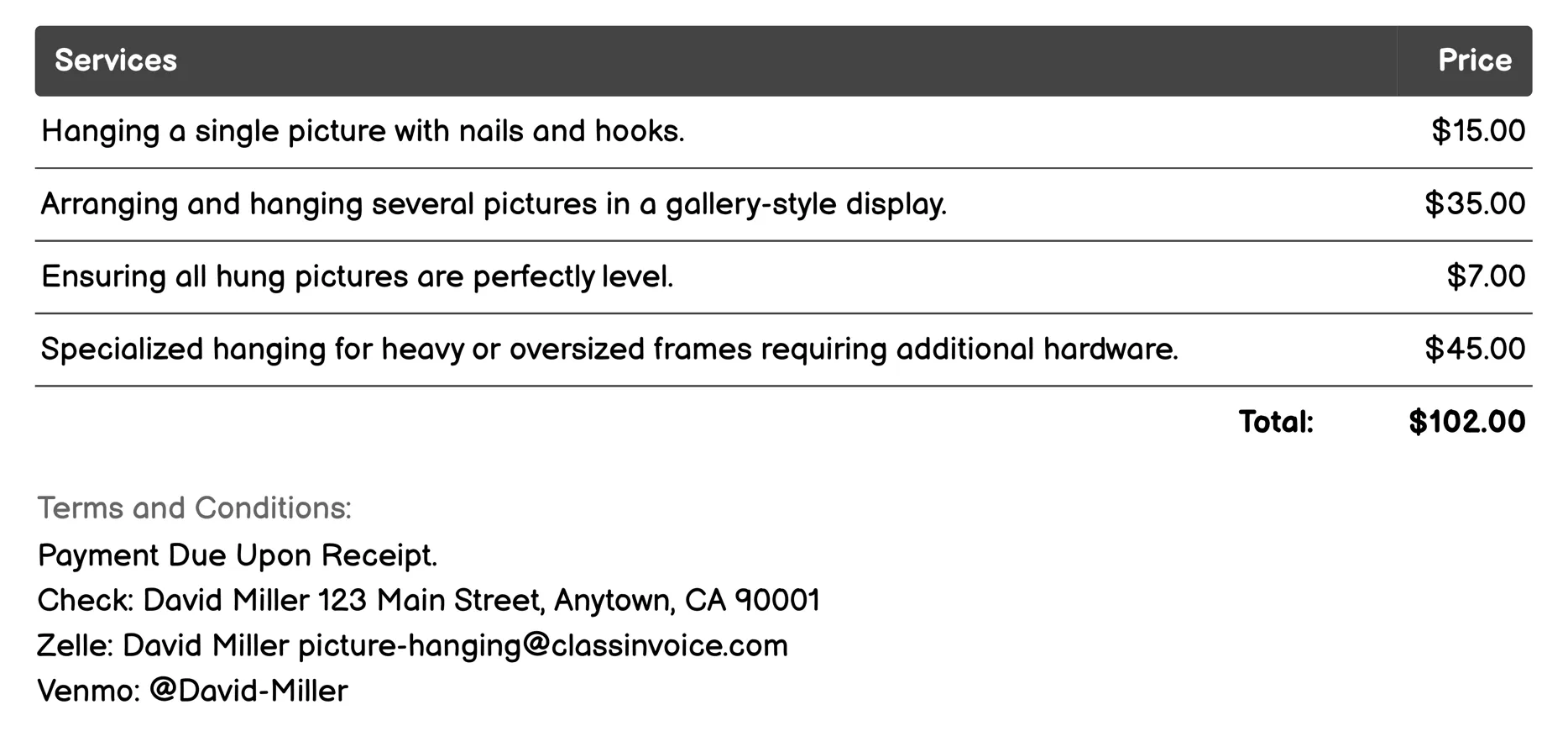 Picture Framing Installation Invoice Example