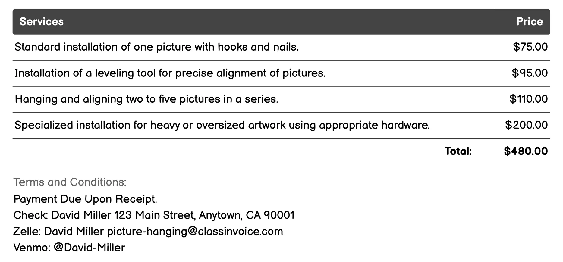 Picture Leveling and Alignment Service Invoice Example