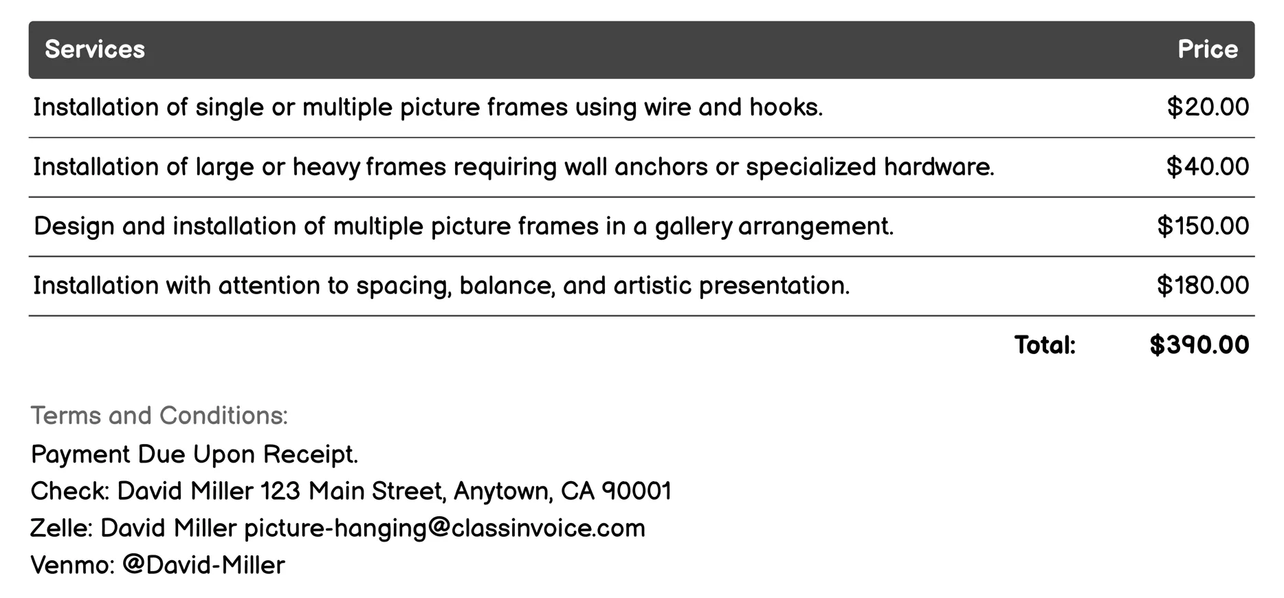 Professional Picture Hanging Invoice Example