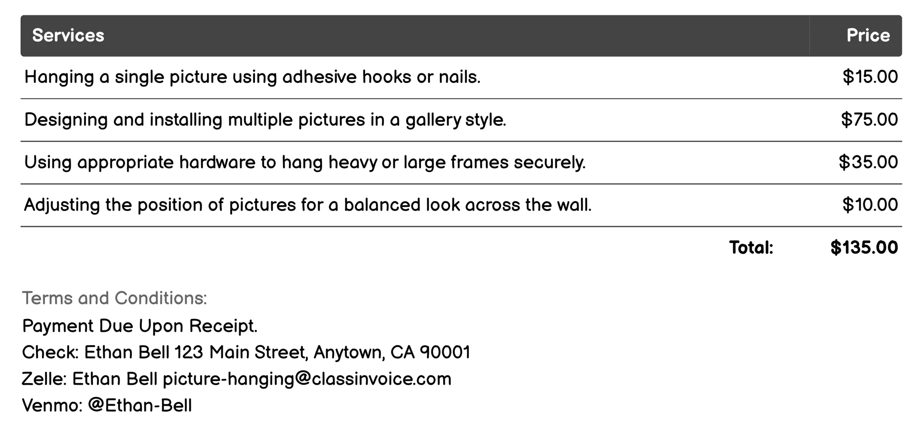 Residential Picture Hanging Invoice Example
