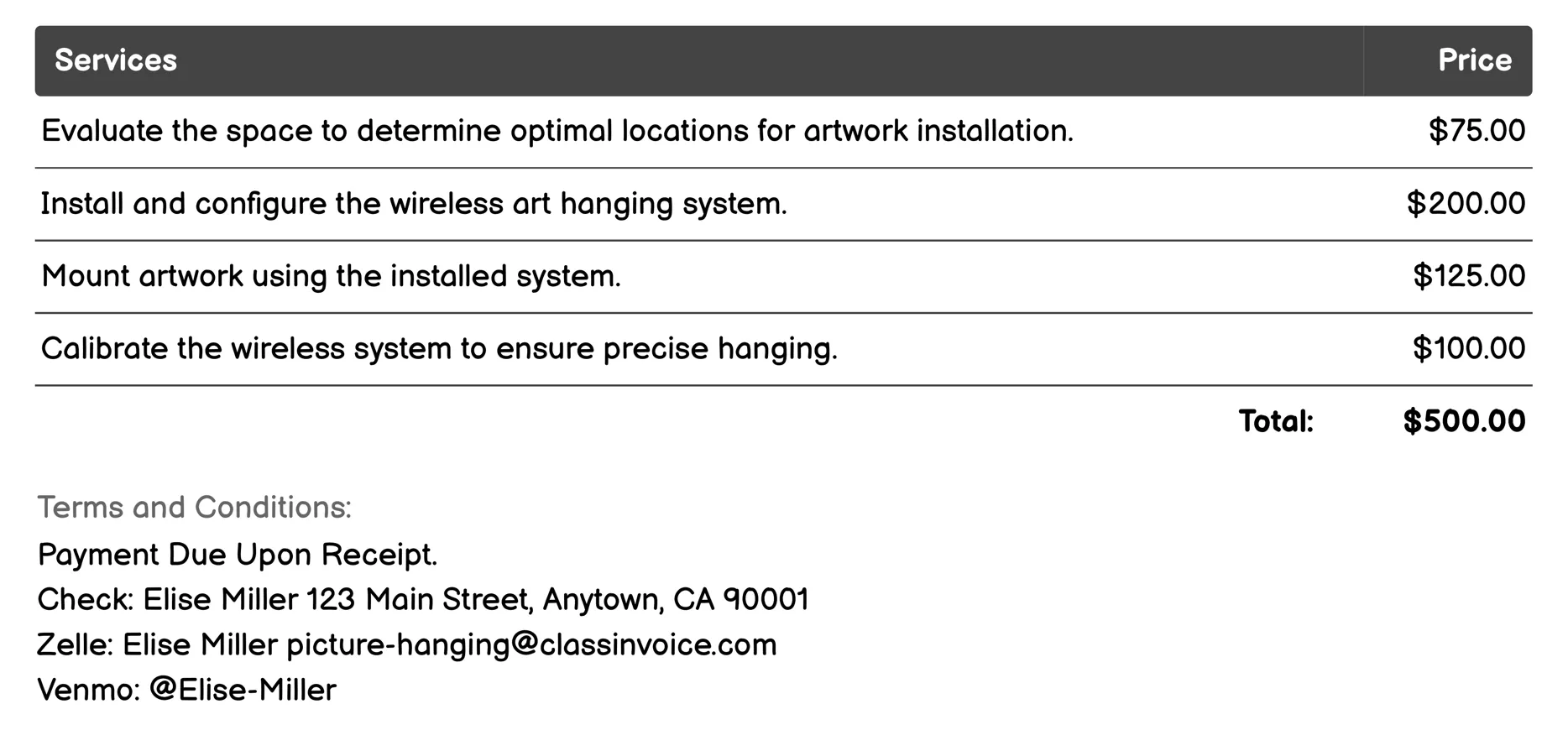 Wireless Art Hanging System Installation Invoice Example