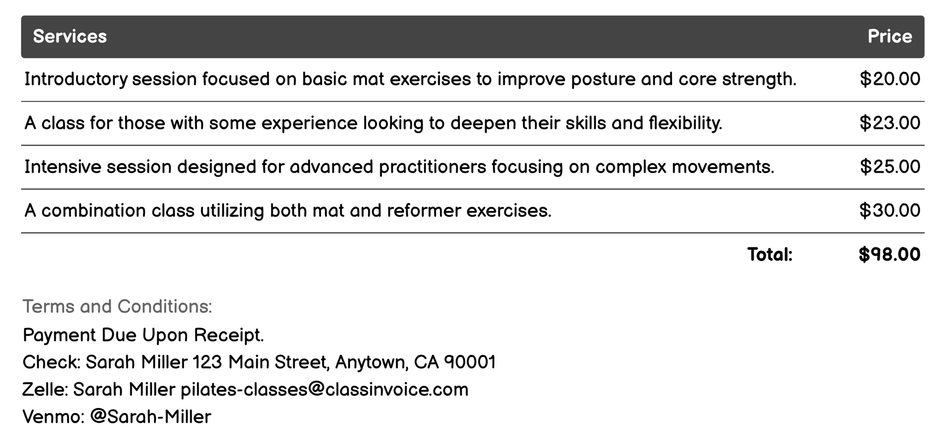 Mat Pilates Classes Invoice Example