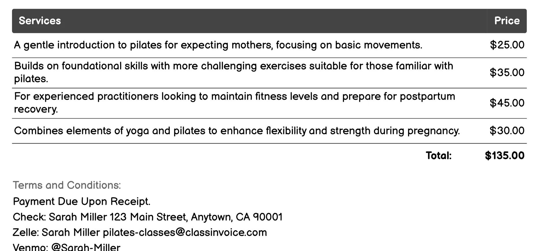 Pregnancy Pilates Classes Invoice Example