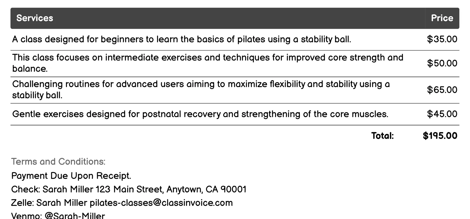 Stability Ball Pilates Classes Invoice Example