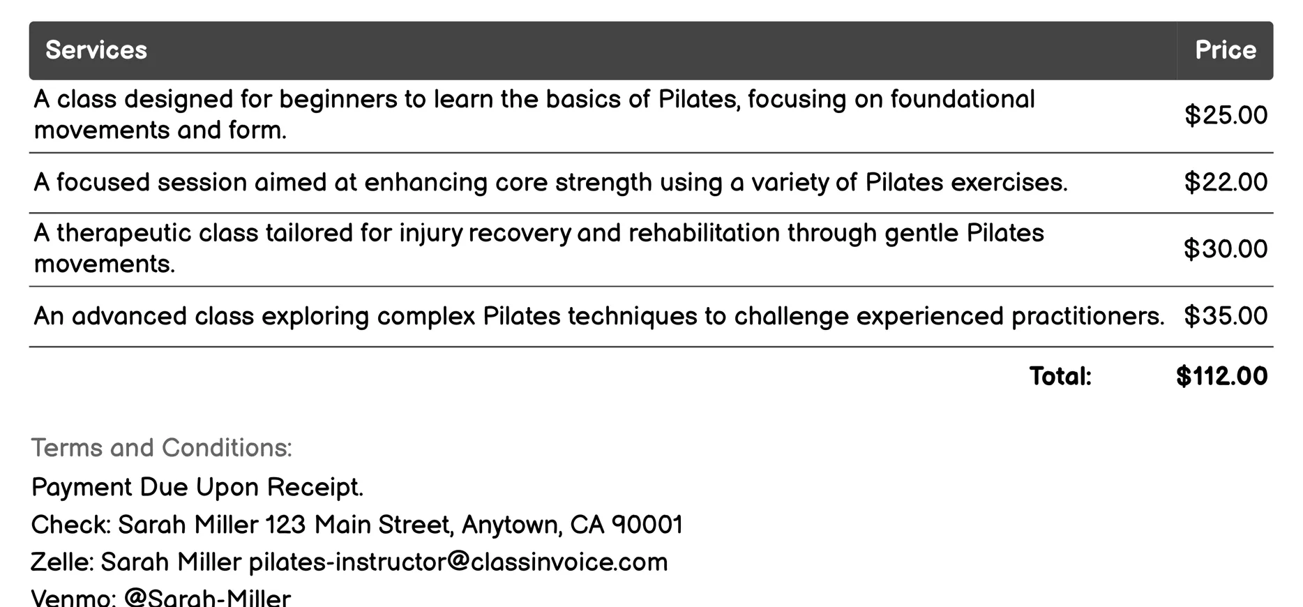 Online Virtual Classes Invoice Example