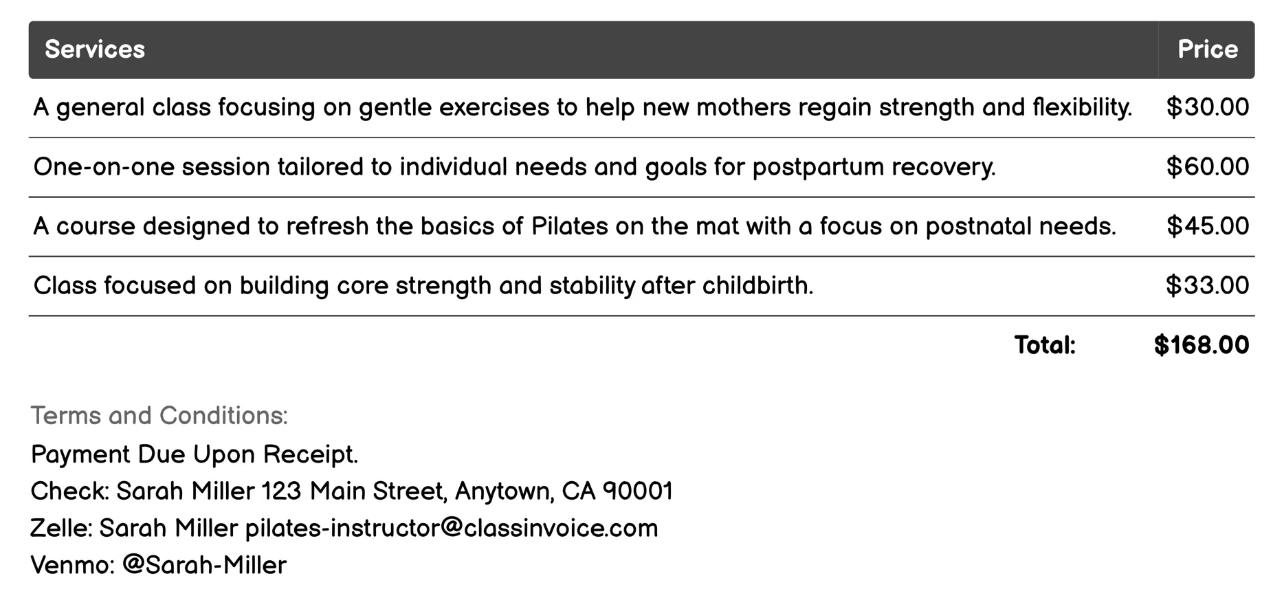 Postnatal Pilates Classes Invoice Example