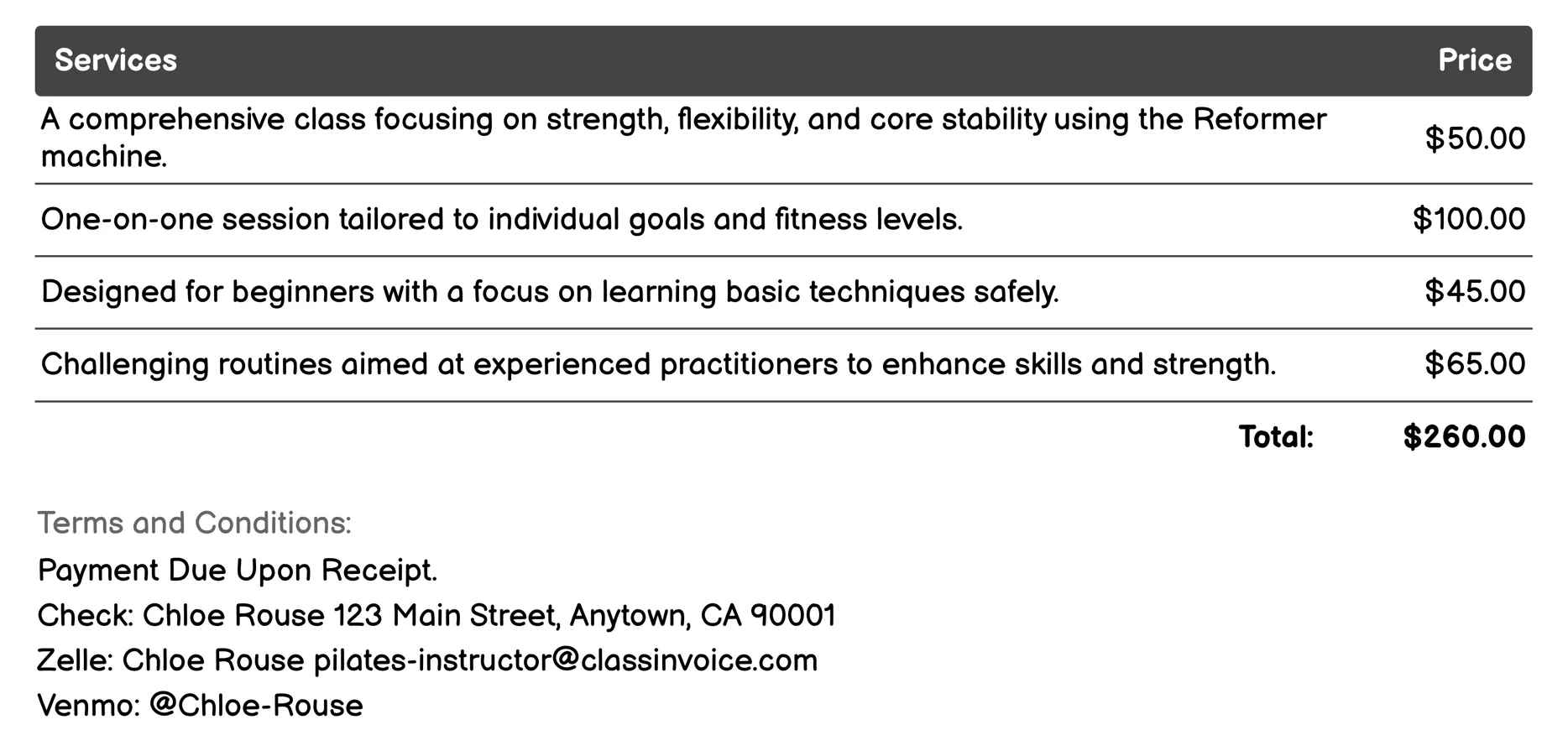 Reformer Pilates Classes Invoice Example