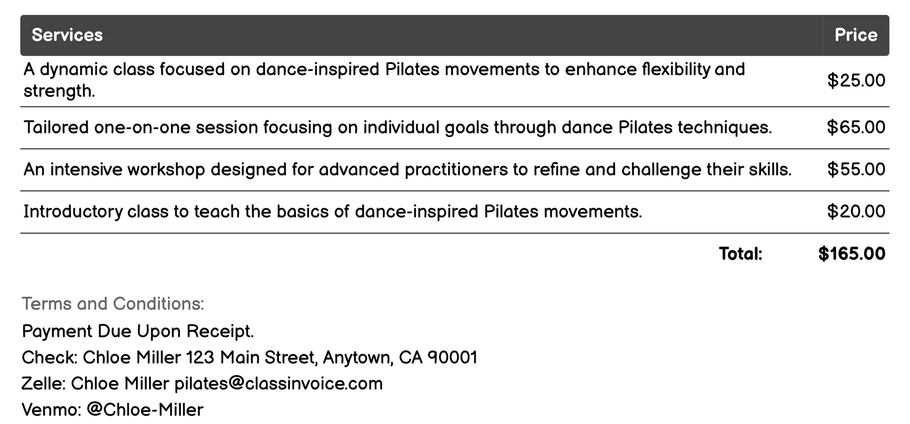 Dance Pilates Invoice Example