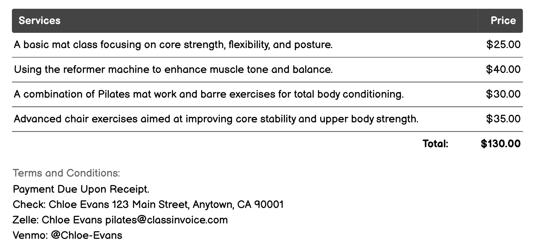 Pilates Barre Invoice Example