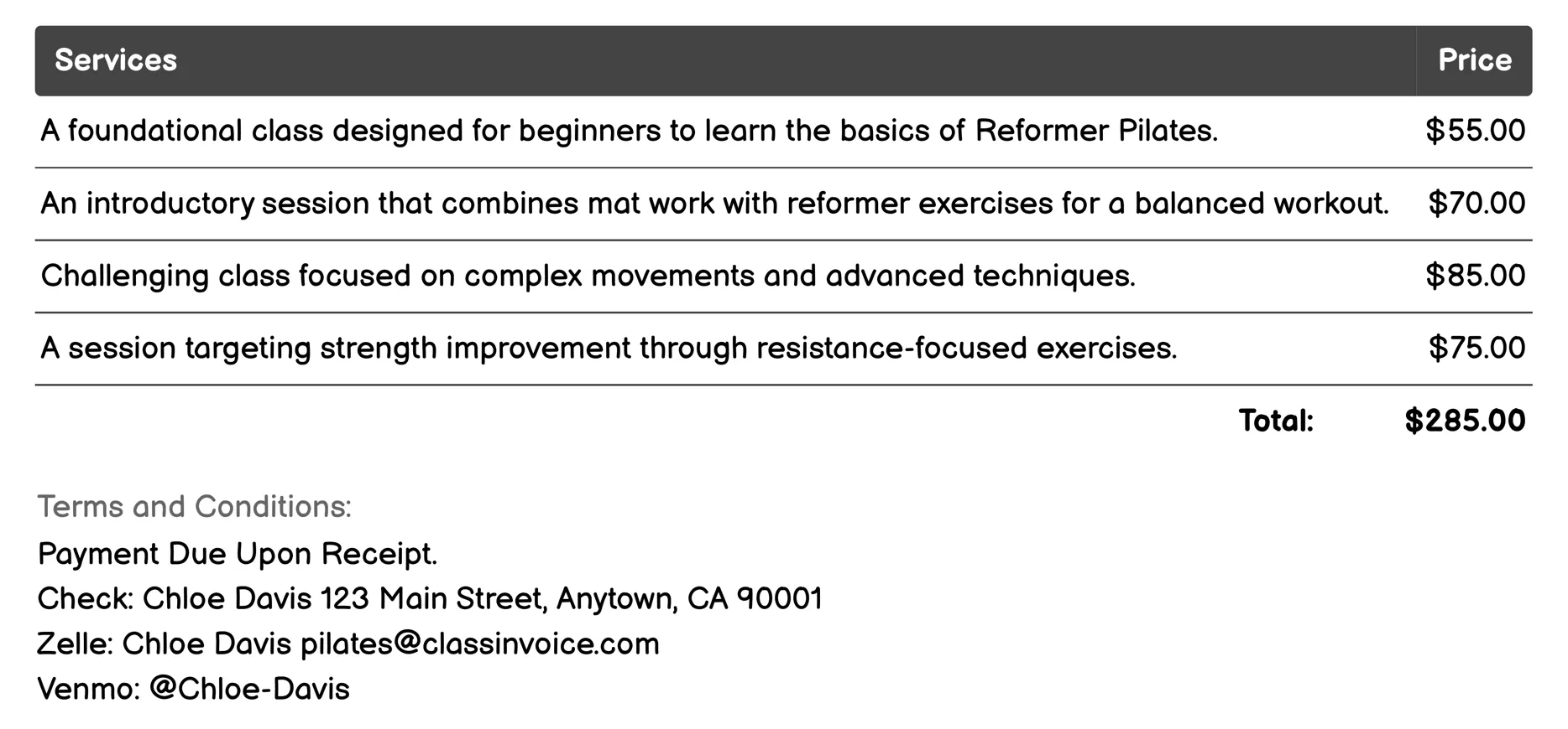Reformer Pilates Invoice Example