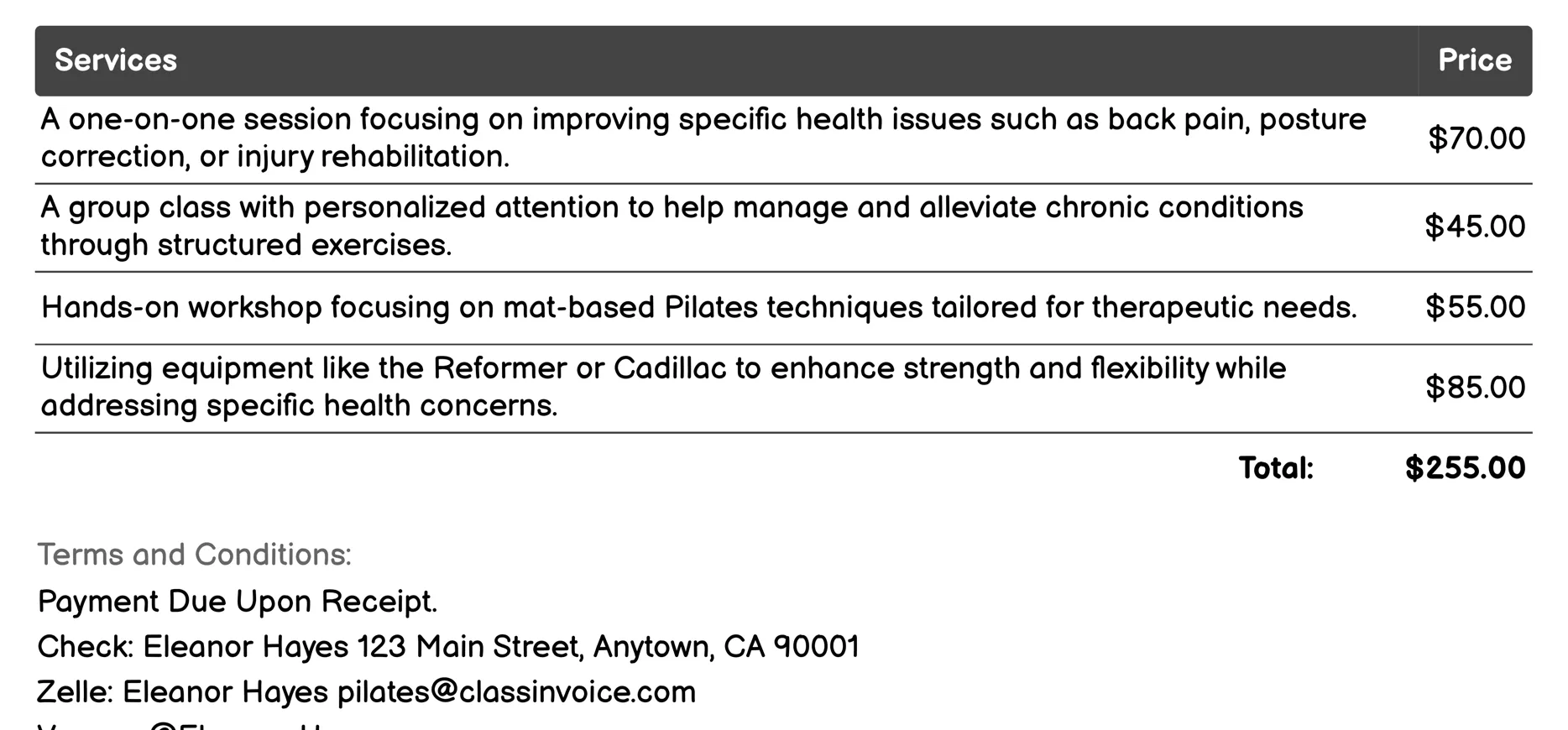 Therapeutic Pilates Invoice Example