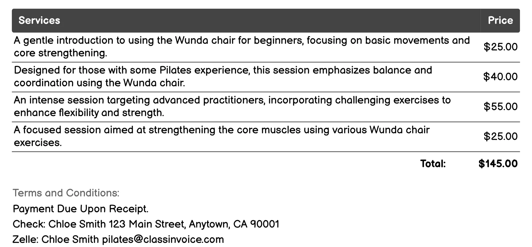 Wunda Chair Pilates Invoice Example