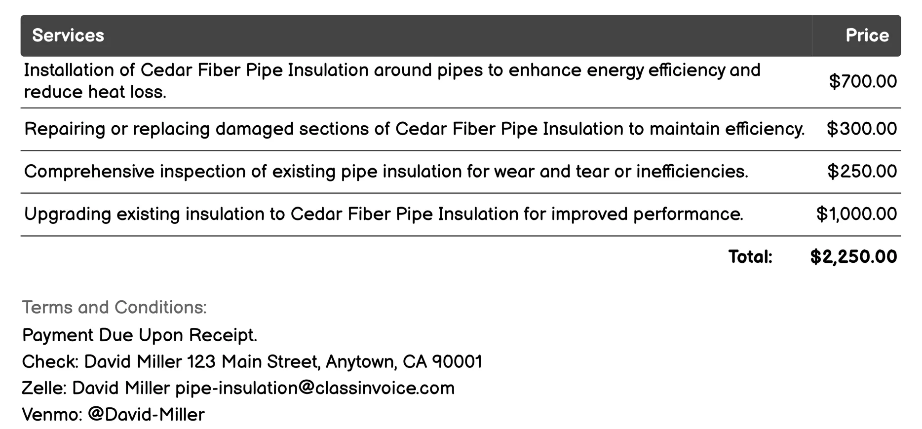 Cedar Fiber Pipe Insulation Invoice Example