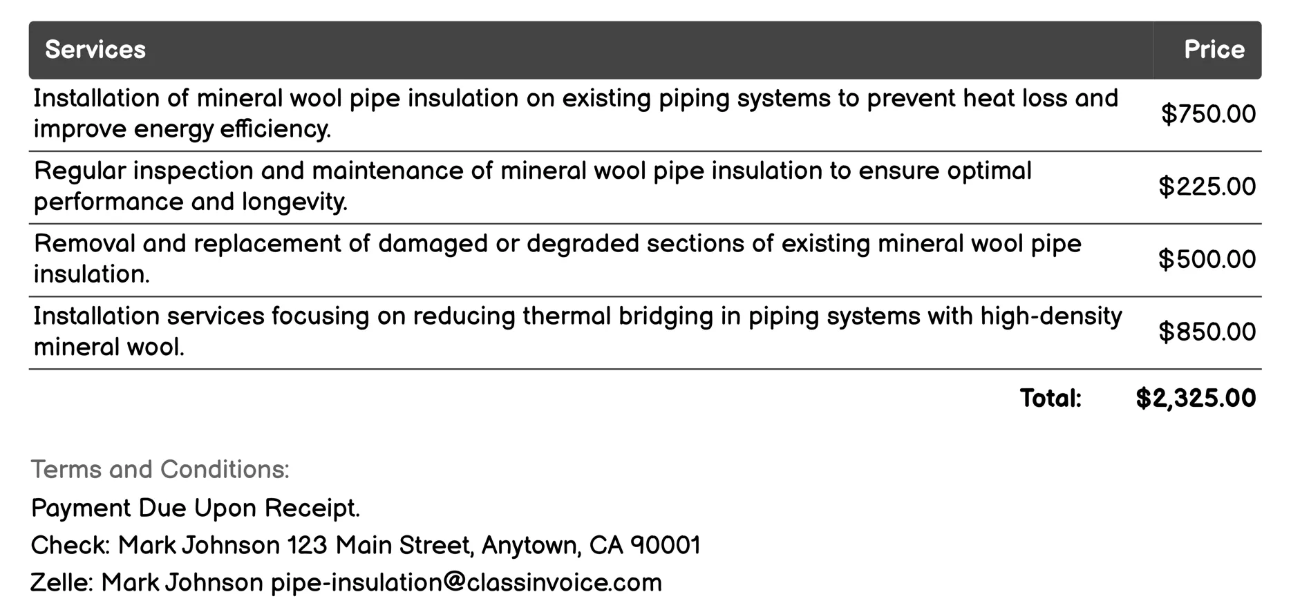 Mineral Wool Pipe Insulation Invoice Example