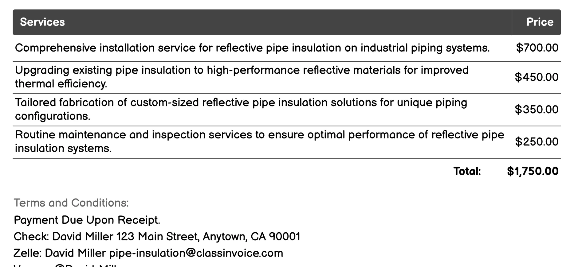 Reflective Pipe Insulation Invoice Example